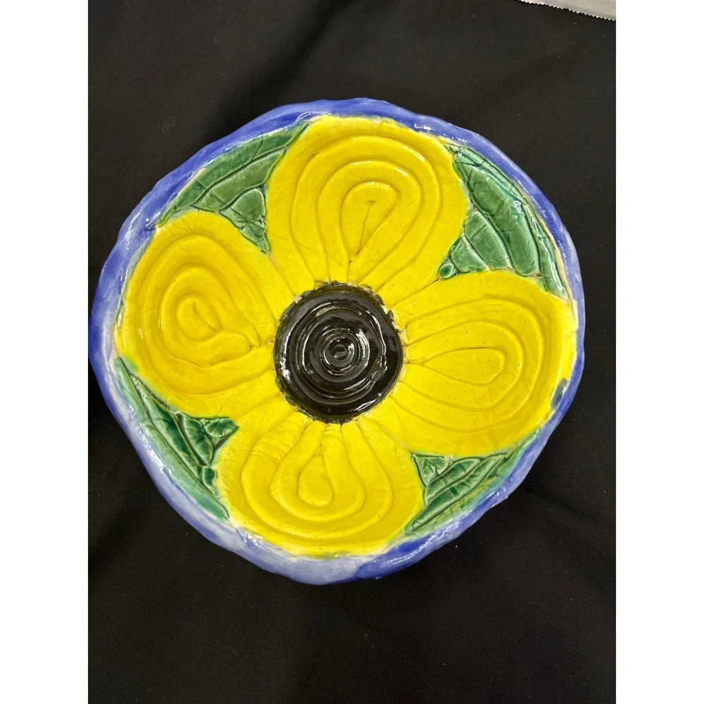 Handmade Ceramic Bowl - Colorful Trinket Dish, Blue Yellow Green Painted Pottery